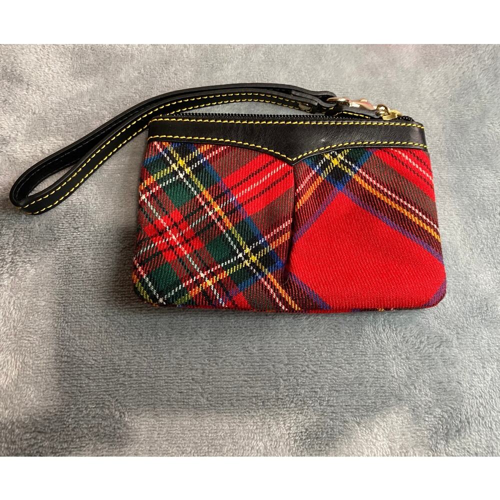 Dooney & Bourke Wristlet Red Tartan Plaid Fabric Leather Small Holiday EUC - Picture 2 of 8